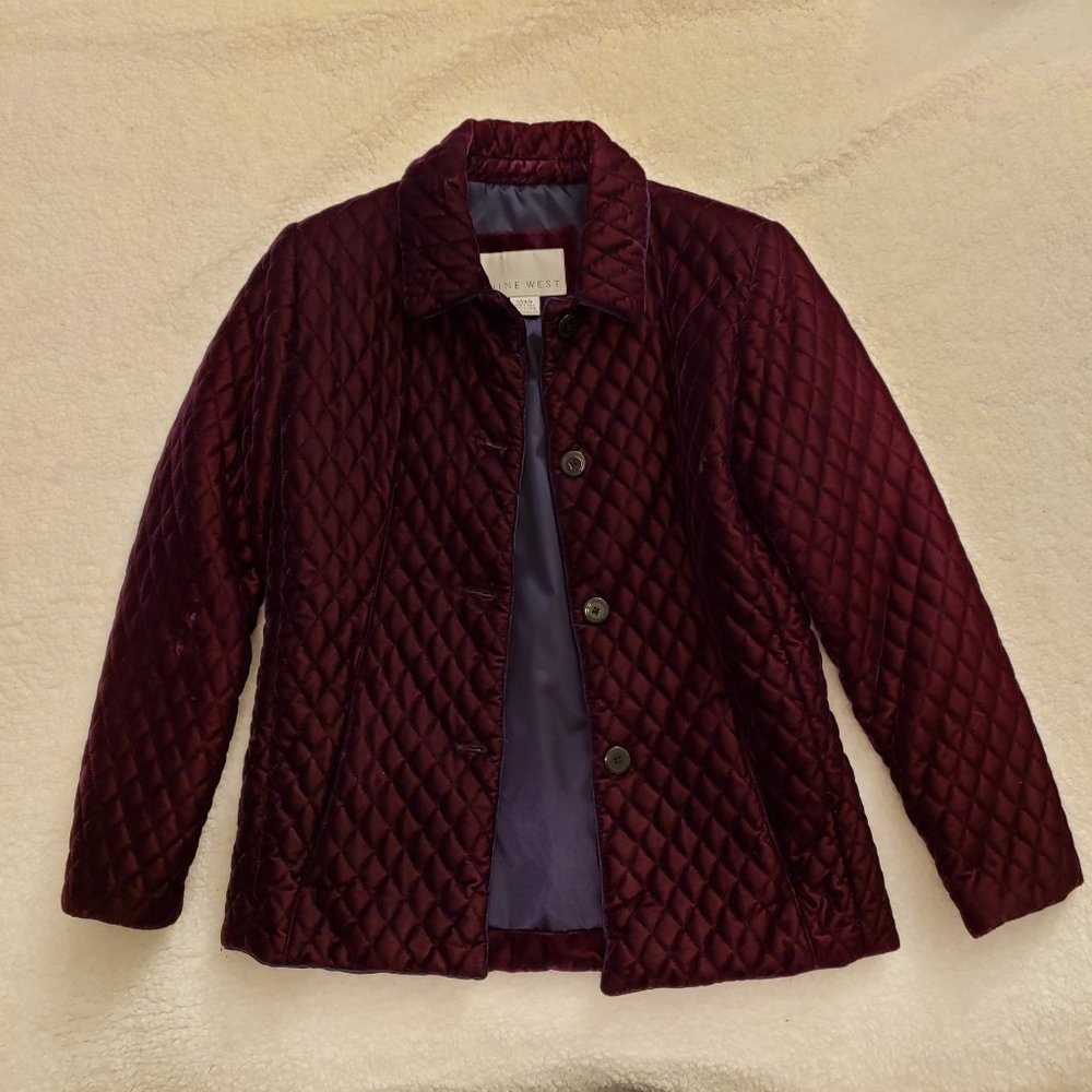 Nine West Women's Diamond Quilted Purple Velvet Coat Size Small